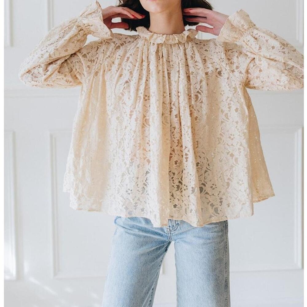 Mille Chantal Lace Blouse with Cami Vanilla Mock Neck Long Sleeve Women's XS